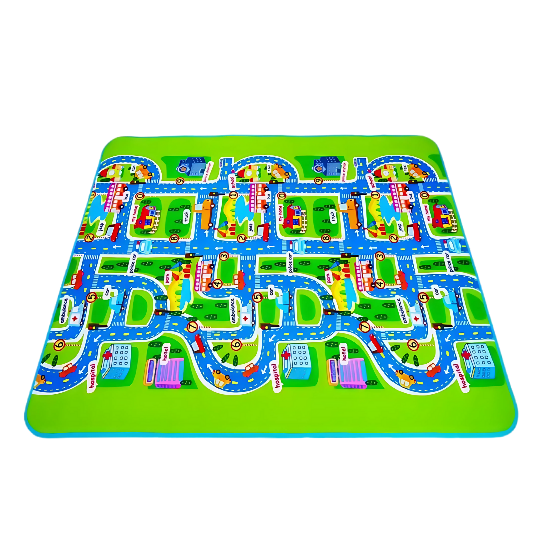 Foldable Car Play Mat for Kids with Cartoon City Map and Road System