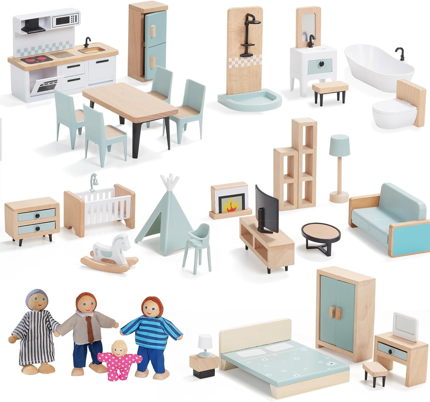 Wooden Dollhouse Furniture Set, 36pcs with 4 Dolls & Working Parts
