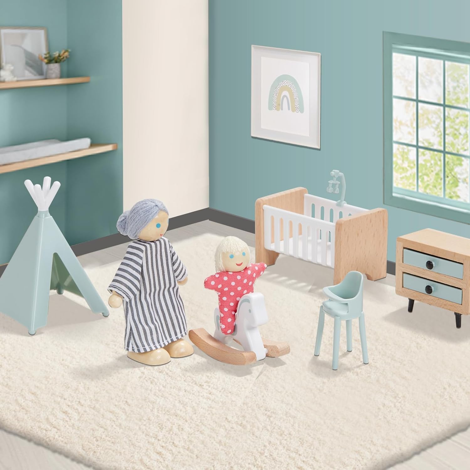 Wooden Dollhouse Furniture Set, 36pcs with 4 Dolls & Working Parts